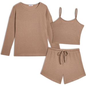 Ekouaer 3 Piece Waffle Knit Lounge Set for Women, Long Sleeve and Cami Top with Shorts Pajama Sets for All Seasons(Khaki)