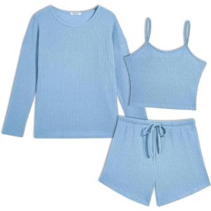Ekouaer 3 Piece Waffle Knit Lounge Set for Women, Long Sleeve and Cami Top with Shorts Pajama Sets for All Seasons(Light Blue)