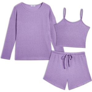 Ekouaer 3 Piece Waffle Knit Lounge Set for Women, Long Sleeve and Cami Top with Shorts Pajama Sets for All Seasons(Light Purple)
