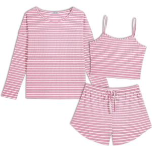 Ekouaer 3 Piece Waffle Knit Lounge Set for Women, Long Sleeve and Cami Top with Shorts Pajama Sets for All Seasons(Pink and White Stripes)
