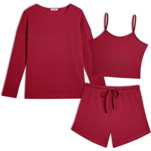 Ekouaer 3 Piece Waffle Knit Lounge Set for Women, Long Sleeve and Cami Top with Shorts Pajama Sets for All Seasons(Red)
