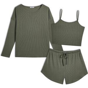 Ekouaer 3 Piece Waffle Knit Lounge Set for Women, Long Sleeve and Cami Top with Shorts Pajama Sets for All Seasons(Sage Green)
