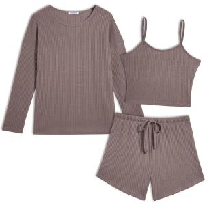 Ekouaer 3 Piece Waffle Knit Lounge Set for Women, Long Sleeve and Cami Top with Shorts Pajama Sets for All Seasons(Taupe Gray)