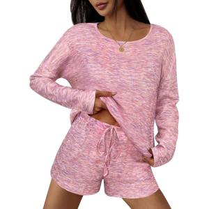 Ekouaer 3 Piece Waffle Knit Lounge Set for Women, Long Sleeve and Cami Top with Shorts Pajama Sets for All Seasons(Tie-dye/Pink)