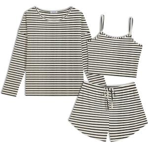 Ekouaer 3 Piece Waffle Knit Lounge Set for Women, Long Sleeve and Cami Top with Shorts Pajama Sets for All Seasons(White and Black Stripes)