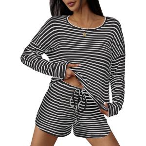 Ekouaer 3 Piece Waffle Knit Lounge Set for Women, Long Sleeve and Cami Top with Shorts Pajama Sets for All Seasons(White/Black)
