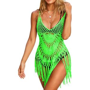 Ekouaer Beach Swimsuit Cover Up Women Crochet Bikini Coverups Summer Pool Swimwear Tassel Dress(Neon Green)