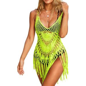Ekouaer Beach Swimsuit Cover Up Women Crochet Bikini Coverups Summer Pool Swimwear Tassel Dress(Neon Yellow)