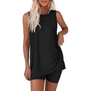 Ekouaer Biker Short Sets Womens 2 Piece Lounge Set 2026 Summer Matching Outfits Sleeveless Loungewear clothing(Black)