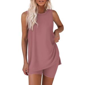 Ekouaer Biker Short Sets Womens 2 Piece Lounge Set 2026 Summer Matching Outfits Sleeveless Loungewear clothing(Camel)