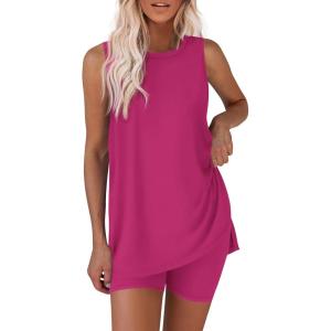 Ekouaer Biker Short Sets Womens 2 Piece Lounge Set 2026 Summer Matching Outfits Sleeveless Loungewear clothing(Rose Pink)