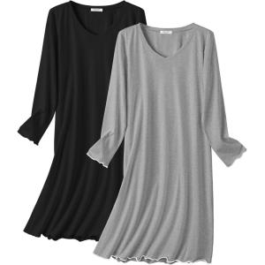 Ekouaer Cotton Nightgowns for Women 2 Pack Night Gown Long Sleeve Sleepshirts V Neck Night Shirt Soft Sleepwear(Black/Gray)