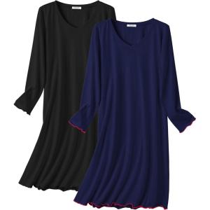 Ekouaer Cotton Nightgowns for Women 2 Pack Night Gown Long Sleeve Sleepshirts V Neck Night Shirt Soft Sleepwear(Black/Navy Blue)