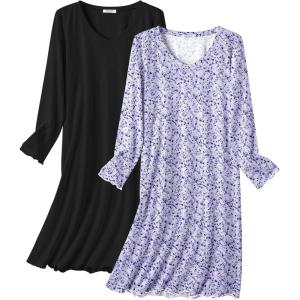 Ekouaer Cotton Nightgowns for Women 2 Pack Night Gown Long Sleeve Sleepshirts V Neck Night Shirt Soft Sleepwear(Black/Purple Floral)