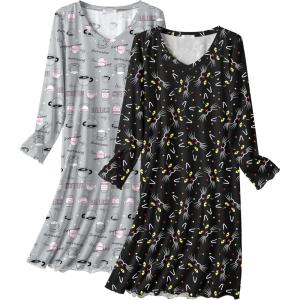 Ekouaer Cotton Nightgowns for Women 2 Pack Night Gown Long Sleeve Sleepshirts V Neck Night Shirt Soft Sleepwear(Coffee Print/Black Cat)