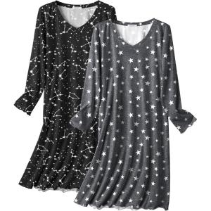 Ekouaer Cotton Nightgowns for Women 2 Pack Night Gown Long Sleeve Sleepshirts V Neck Night Shirt Soft Sleepwear(Constellation/Gary Star)