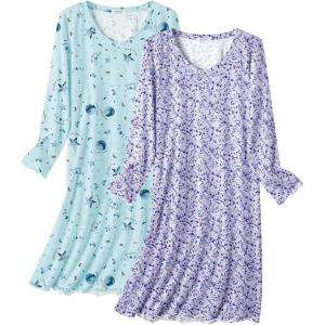Ekouaer Cotton Nightgowns for Women 2 Pack Night Gown Long Sleeve Sleepshirts V Neck Night Shirt Soft Sleepwear(Moon Star/Purple Floral)