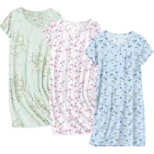 Ekouaer Cotton Nightgowns for Women 3 Pack Sleepshirts Short Sleeve Night Shirt Tshirt Night Gown Print Sleepwear Dress(Little Daisy/Blue Floral/White Pink Floral)