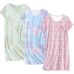 Ekouaer Cotton Nightgowns for Women 3 Pack Sleepshirts Short Sleeve Night Shirt Tshirt Night Gown Print Sleepwear Dress(Little Daisy/Pink Floral/Tie Dye)