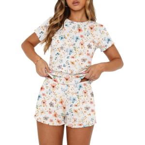 Ekouaer Cute Pajama Sets for Women 2 Piece Short Sleeve Ribbed Pjs Crop Top and Shorts Sleepwear Summer Y2K Lounge Sets(Colorful Flowers)