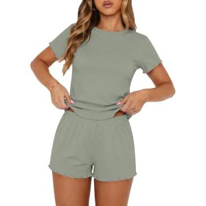 Ekouaer Cute Pajama Sets for Women 2 Piece Short Sleeve Ribbed Pjs Crop Top and Shorts Sleepwear Summer Y2K Lounge Sets(Green)