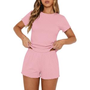 Ekouaer Cute Pajama Sets for Women 2 Piece Short Sleeve Ribbed Pjs Crop Top and Shorts Sleepwear Summer Y2K Lounge Sets(Pink)