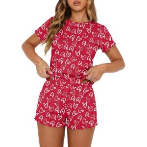 Ekouaer Cute Pajama Sets for Women 2 Piece Short Sleeve Ribbed Pjs Crop Top and Shorts Sleepwear Summer Y2K Lounge Sets(Red Love)