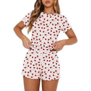 Ekouaer Cute Pajama Sets for Women 2 Piece Short Sleeve Ribbed Pjs Crop Top and Shorts Sleepwear Summer Y2K Lounge Sets(Strawberry)