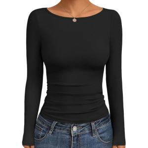 Ekouaer Long Sleeve Shirts Boat Neck Tops Casual Undershirts(Black)
