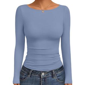 Ekouaer Long Sleeve Shirts Boat Neck Tops Casual Undershirts(Blue)