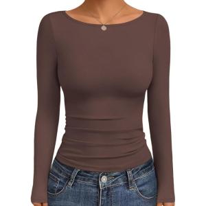 Ekouaer Long Sleeve Shirts Boat Neck Tops Casual Undershirts(Brown)