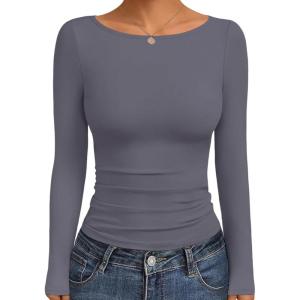 Ekouaer Long Sleeve Shirts Boat Neck Tops Casual Undershirts(Grey)
