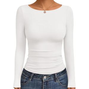 Ekouaer Long Sleeve Shirts Boat Neck Tops Casual Undershirts(White)