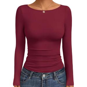 Ekouaer Long Sleeve Shirts Boat Neck Tops Casual Undershirts(Wine Red)