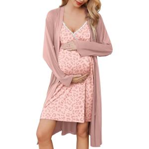 Ekouaer Maternity Nursing Gown and Robe Set Lace Nursing Nightgown for Breastfeeding Labor Delivery gowns for Hospital(Leopard Pink)