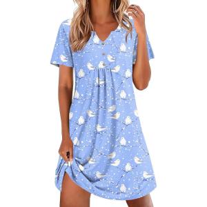 Ekouaer Nightgowns for Women Cotton Night Gowns Pleated Nightshirts Henley V Neck Sleepshirts Short Sleeve Sleepwear(Light Blue White Birds)