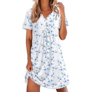 Ekouaer Nightgowns for Women Cotton Night Gowns Pleated Nightshirts Henley V Neck Sleepshirts Short Sleeve Sleepwear(White Blue Florals)