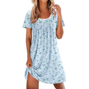 Ekouaer Nightgowns for Women Pleated Sleep Shirts Short Sleeve Night Shirts Lace Trim Night Gown Ladies Sleep Dress(Floral Blue)
