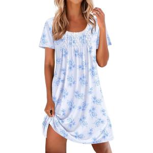 Ekouaer Nightgowns for Women Pleated Sleep Shirts Short Sleeve Night Shirts Lace Trim Night Gown Ladies Sleep Dress(Floral Light Blue)