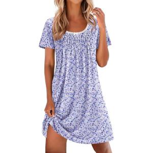 Ekouaer Nightgowns for Women Pleated Sleep Shirts Short Sleeve Night Shirts Lace Trim Night Gown Ladies Sleep Dress(Floral Purple)