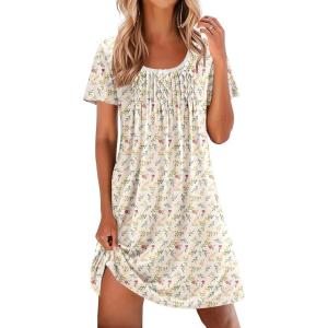 Ekouaer Nightgowns for Women Pleated Sleep Shirts Short Sleeve Night Shirts Lace Trim Night Gown Ladies Sleep Dress(Floral Yellow)