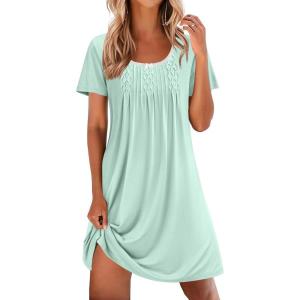 Ekouaer Nightgowns for Women Pleated Sleep Shirts Short Sleeve Night Shirts Lace Trim Night Gown Ladies Sleep Dress(Light Green)