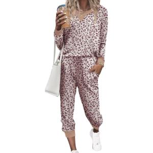Ekouaer Pajamas Set Long Sleeve Pj Sets 2 Piece Jogger Pajama Sets Soft Sleepwear Loungewear for Women(Beige Leopard)
