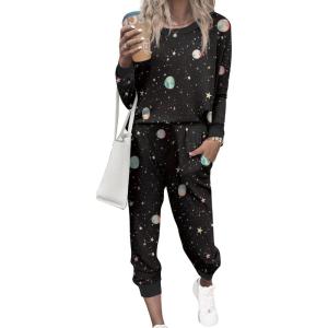 Ekouaer Pajamas Set Long Sleeve Pj Sets 2 Piece Jogger Pajama Sets Soft Sleepwear Loungewear for Women(Black Night Sky)