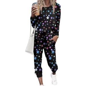 Ekouaer Pajamas Set Long Sleeve Pj Sets 2 Piece Jogger Pajama Sets Soft Sleepwear Loungewear for Women(Black Starry)