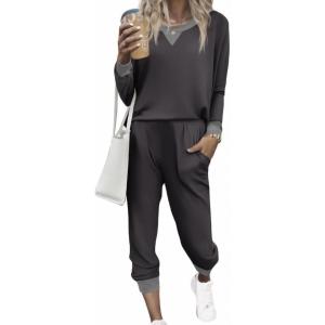 Ekouaer Pajamas Set Long Sleeve Pj Sets 2 Piece Jogger Pajama Sets Soft Sleepwear Loungewear for Women(Dark Grey)