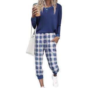 Ekouaer Pajamas Set Long Sleeve Pj Sets 2 Piece Jogger Pajama Sets Soft Sleepwear Loungewear for Women(Navy Blue Plaid)