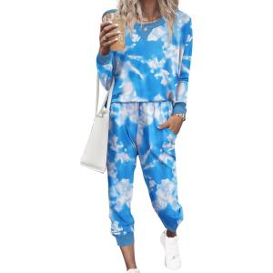 Ekouaer Pajamas Set Long Sleeve Pj Sets 2 Piece Jogger Pajama Sets Soft Sleepwear Loungewear for Women(Tie Dye Blue White)