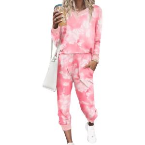 Ekouaer Pajamas Set Long Sleeve Pj Sets 2 Piece Jogger Pajama Sets Soft Sleepwear Loungewear for Women(Tie Dye Pink White)