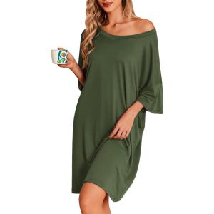 Ekouaer Plus Size Nightgowns for Women Oversized Sleep Shirt Short Sleeve Nightshirt T-Shirt Dress Sleepwear S-5XL(Army Green)